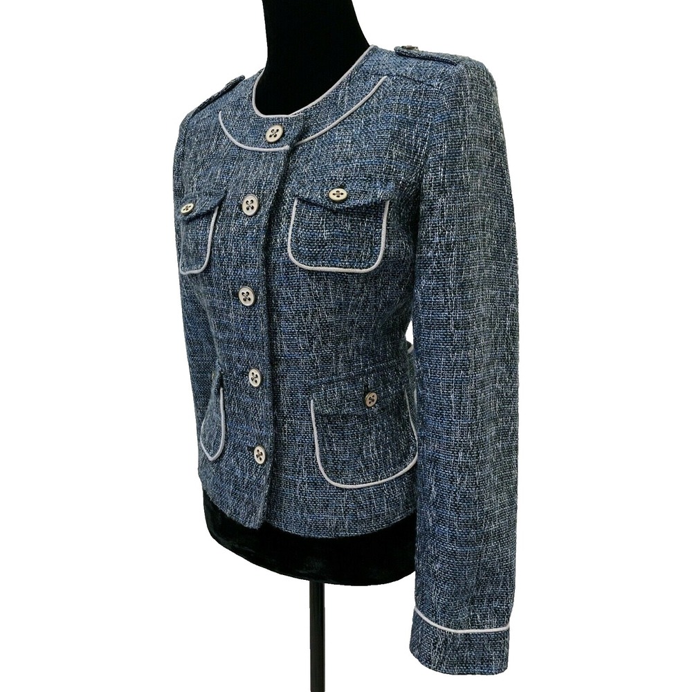 Vintage Cache Womens Multi Pocket Jacket Size 6 Blue Metallic Woven Tweed Blend - Picture 5 of 13